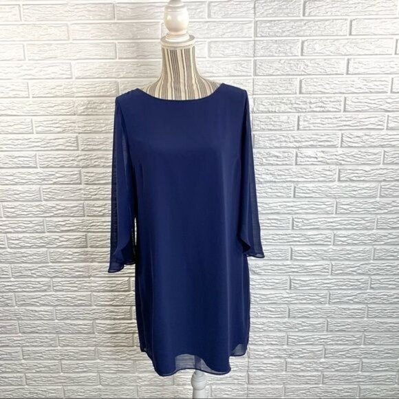 Jennifer Lopez Dresses & Skirts - Jennifer Lopez Blue Low Back Dress Sheer Sleeves Size 10